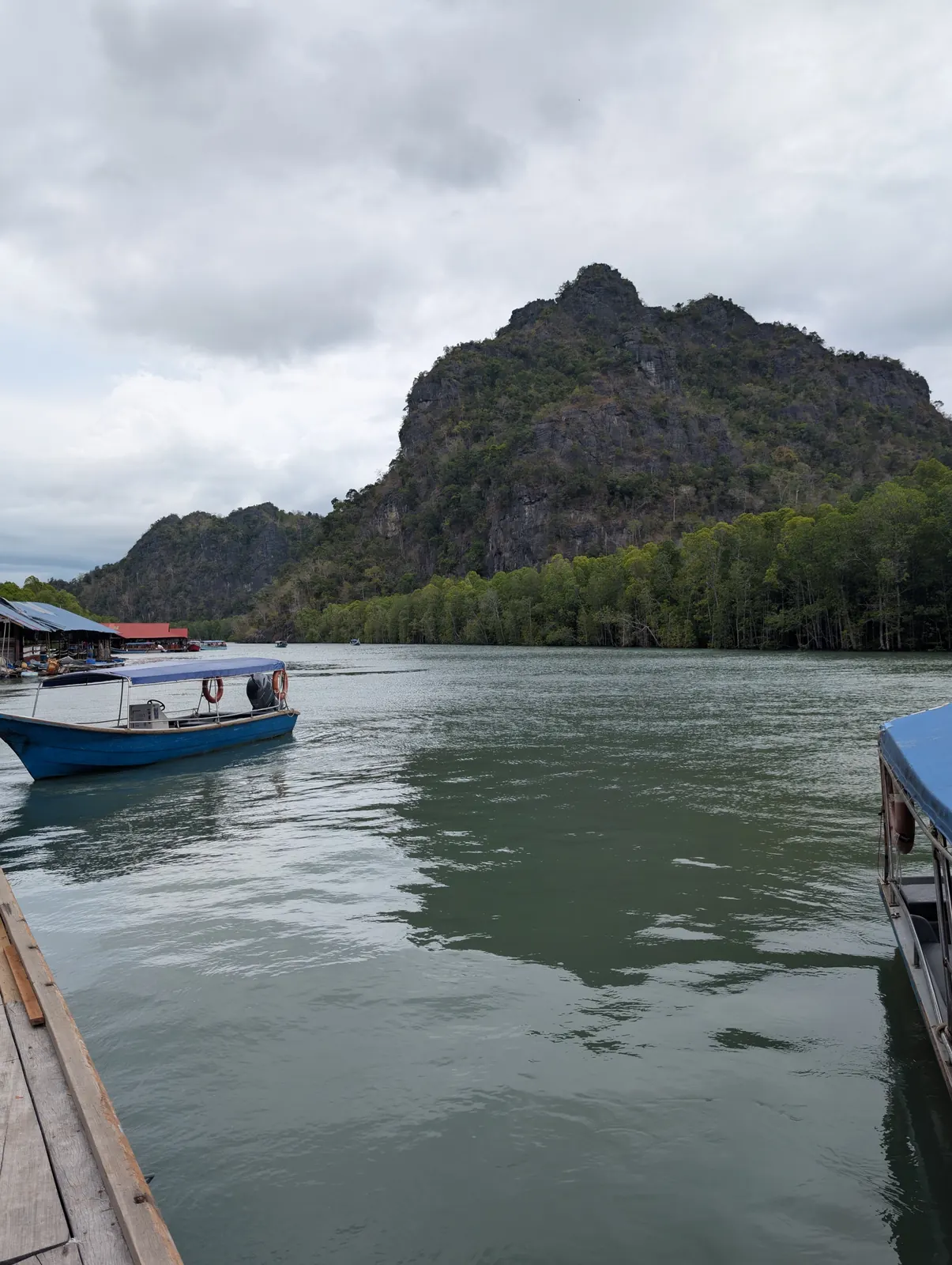 Bateaux sur la rivi&egrave;re de la mangrove de Kilim au pied des karsts